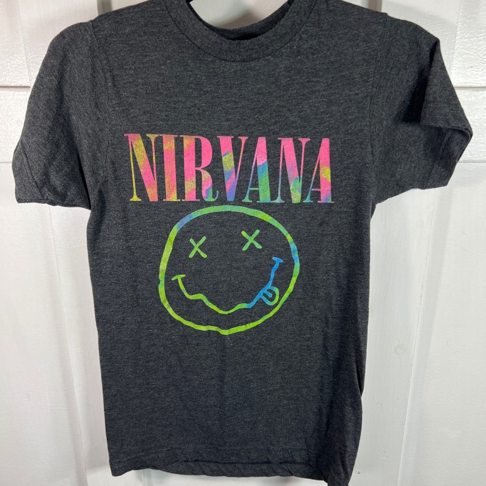 Nirvana Smiley Face Graphic Tee Charcoal Heather Gray Neon Rainbow Small